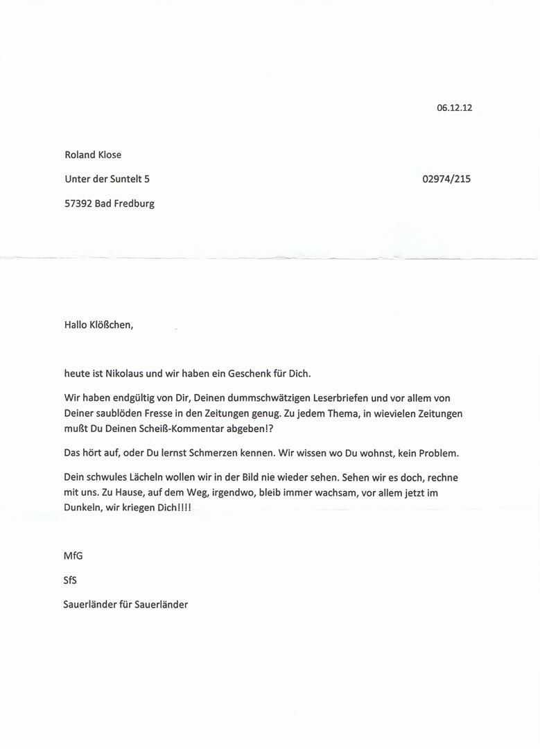 Drohbrief an Roland Klose