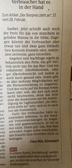 Wenn der Bierpreis explodiert versagt der Verbraucher (gedruckt) Wenn der Bierpreis explodiert versagt der Verbraucher (gedruckt)