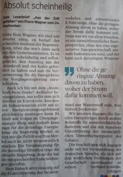Zum Leserbrief „Aus der Zeit gefallen“ von Diana Wagner vom 24.09.2022 in der NWZ (gedruckt) Zum Leserbrief „Aus der Zeit gefallen“ von Diana Wagner vom 24.09.2022 in der NWZ (gedruckt)
