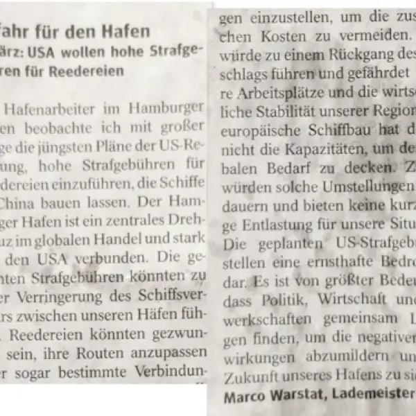 Hamburger Abendblatt: MSCs Strategiewechsel und US-Strafzölle – Düstere Zeiten für den Hamburger Hafen? (gedruckt)