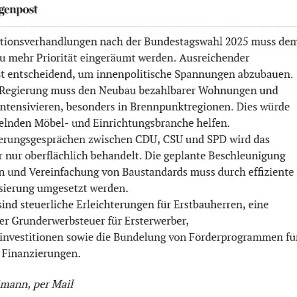 Der Wohnungsbau braucht eine bessere politische Beachtung (gedruckt)