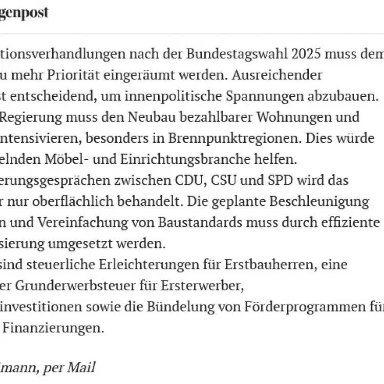 Der Wohnungsbau braucht eine bessere politische Beachtung (gedruckt)
