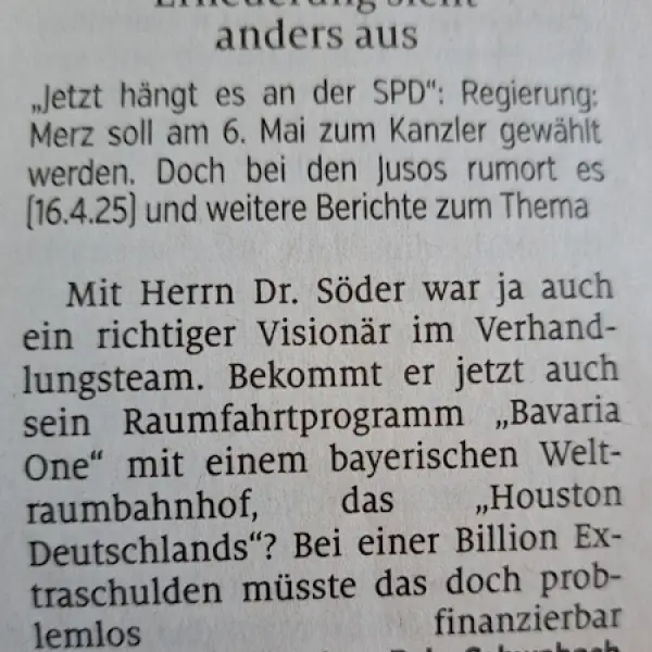 Hebt der Freistaat nun ab? Mit dem Bayernchef zum Mond und noch viel weiter. (gedruckt)