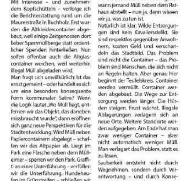 Wochenblatt: Man verlagert das Problem, statt es zu lösen (gedruckt)